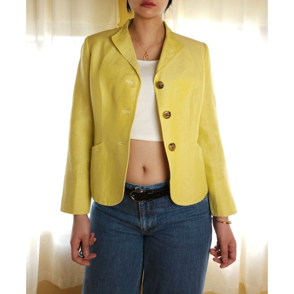 Vintage linen silk tailored short blazer jacket women M light lemon yellow